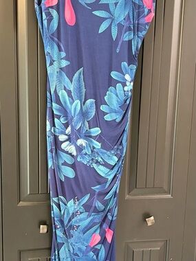 NWT Colleen Lopez Navy Ruched Maxi Dress with Turquoise and Pink Floral Print